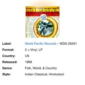 Ravi Shankar vinyl 2 record set Festival from India 1968